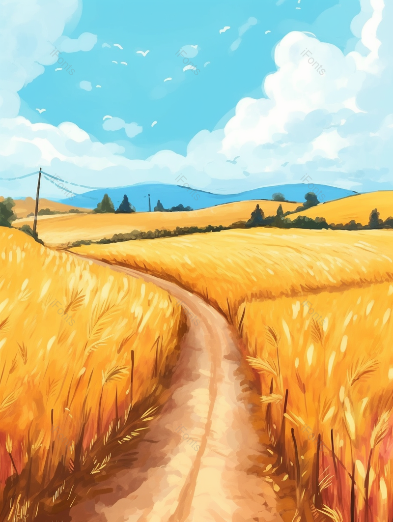 秋天丰收麦田麦子间羊肠的小路背景,插画/手绘图,插画/手绘图库,插画/手绘图下载,插画/手绘